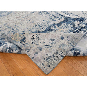 9'3"x12' Arsenic Gray, Hand Knotted, Broken And Erased Circles Design, Wool And Silk, Hi-lo Pile, Oriental Rug FWR522720
