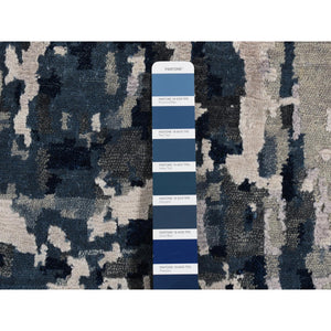 9'3"x12' Arsenic Gray, Hand Knotted, Broken And Erased Circles Design, Wool And Silk, Hi-lo Pile, Oriental Rug FWR522720