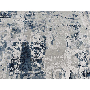 9'3"x12' Arsenic Gray, Hand Knotted, Broken And Erased Circles Design, Wool And Silk, Hi-lo Pile, Oriental Rug FWR522720