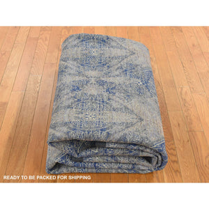 8'9"x12' Sapphire Blue, Distressed Silk With Textured Wool, Erased Rosette Design, Hand Knotted, Oriental Rug FWR522738