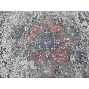 9'2"x12' Arsenic Gray, Wool And Silk, Erased And Broken Persian Heriz Inspired Design, Hand Knotted, Oriental Rug FWR522786
