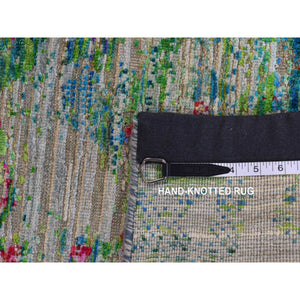 8'10"x12'2" Cinereous Gray, Abstract Design, Sari Silk With Textured Wool, Hand Knotted, Oriental Rug FWR522840