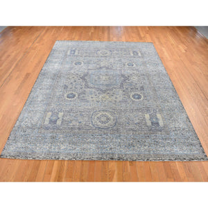 8'8"x11'10" Columbia Blue, Silk With Textured Wool, Hi-low Pile, Mamluk Dynasty Design, Hand Knotted, Oriental Rug FWR522858