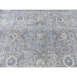 8'8"x11'10" Columbia Blue, Silk With Textured Wool, Hi-low Pile, Mamluk Dynasty Design, Hand Knotted, Oriental Rug FWR522858
