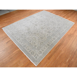 8'10"x12' Ash Gray, Arabesque Motif, Pure silk Tone on Tone Hand Knotted Oriental Rug FWR522930