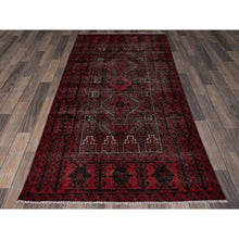 Load image into Gallery viewer, 3&#39;3&quot;x6&#39;8&quot; Scarlet Red, Vintage Persian Baluch with Geometric Pattern, Shaved Low, Zero Pile, Worn and Distressed, Sides and Ends Professionally Secured, Hand Knotted, 100% Wool, Wide Runner, Oriental Rug FWR5226
