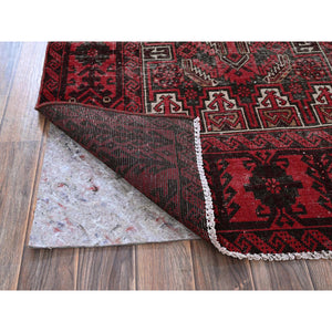 3'3"x6'8" Scarlet Red, Vintage Persian Baluch with Geometric Pattern, Shaved Low, Zero Pile, Worn and Distressed, Sides and Ends Professionally Secured, Hand Knotted, 100% Wool, Wide Runner, Oriental Rug FWR5226