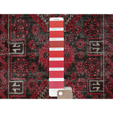 Load image into Gallery viewer, 3&#39;3&quot;x6&#39;8&quot; Scarlet Red, Vintage Persian Baluch with Geometric Pattern, Shaved Low, Zero Pile, Worn and Distressed, Sides and Ends Professionally Secured, Hand Knotted, 100% Wool, Wide Runner, Oriental Rug FWR5226