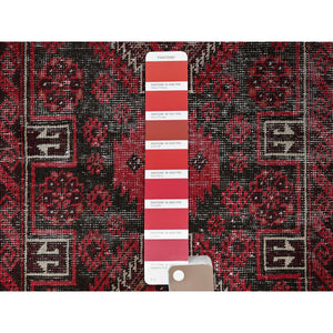 3'3"x6'8" Scarlet Red, Vintage Persian Baluch with Geometric Pattern, Shaved Low, Zero Pile, Worn and Distressed, Sides and Ends Professionally Secured, Hand Knotted, 100% Wool, Wide Runner, Oriental Rug FWR5226