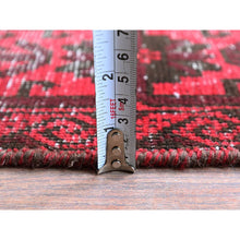 Load image into Gallery viewer, 3&#39;3&quot;x6&#39;8&quot; Scarlet Red, Vintage Persian Baluch with Geometric Pattern, Shaved Low, Zero Pile, Worn and Distressed, Sides and Ends Professionally Secured, Hand Knotted, 100% Wool, Wide Runner, Oriental Rug FWR5226