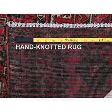 Load image into Gallery viewer, 3&#39;3&quot;x6&#39;8&quot; Scarlet Red, Vintage Persian Baluch With Geometric Pattern, Shaved Low, Zero Pile, Worn And Distressed, Sides And Ends Professionally Secured, Hand Knotted, 100% Wool, Wide Runner, Oriental Rug FWR5226