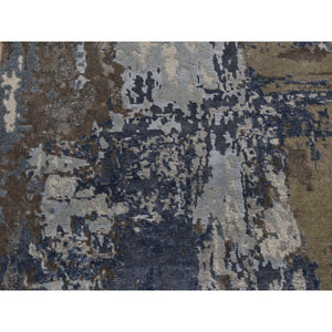 2'8"x8'1" Prussian Blue, Hand Knotted, Abstract Design, Wool And Silk, Hi-lo Pile, Runner Oriental Rug FWR523248