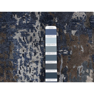 2'8"x8'1" Prussian Blue, Hand Knotted, Abstract Design, Wool And Silk, Hi-lo Pile, Runner Oriental Rug FWR523248