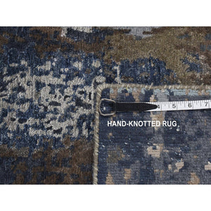 2'8"x8'1" Prussian Blue, Hand Knotted, Abstract Design, Wool And Silk, Hi-lo Pile, Runner Oriental Rug FWR523248