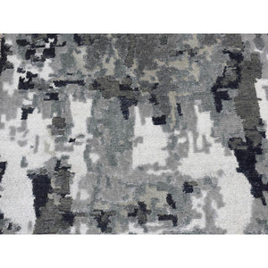 2'6"x7'7" Eerie Black, Hi-Low Pile, Abstract Design, Wool and Silk, Hand Knotted, Runner Oriental Rug FWR523254