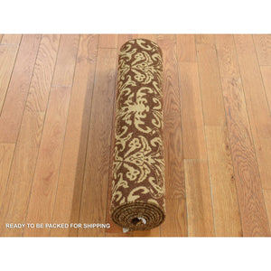 2'6"x7'9" Cafe Noir Brown, Abarasque Design Tone On Tone, Wool And Silk, Handmade, Runner Oriental Rug FWR523260