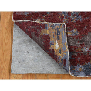 2'7"x8'1" Oklahoma Crimson Red, Wool and Silk, Hi-Low Pile, Abstract Design, Hand Knotted, Runner Oriental Rug FWR523266