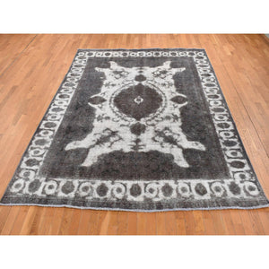 8'x11' Asphalt Black, Vintage Overdyed Persian Tabriz Barjasta, Distressed, Sheared Low, Worn Down, Pure Wool, Hand Knotted, Oriental Rug FWR523296