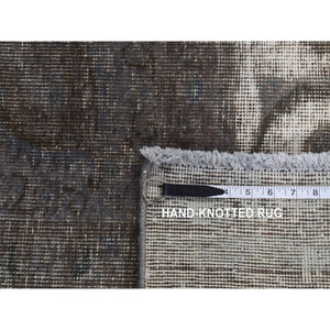8'x11' Asphalt Black, Vintage Overdyed Persian Tabriz Barjasta, Distressed, Sheared Low, Worn Down, Pure Wool, Hand Knotted, Oriental Rug FWR523296