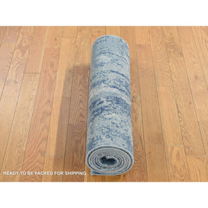 2'6"x8'3" Air Force Blue, Abstract Design, Wool And Pure Silk, Hand Knotted, Runner Oriental Rug FWR523380