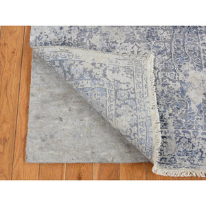 2'5"x10' Battleship Gray, Broken And Erased Persian Design, Pure Silk, Hand Knotted, Runner Oriental Rug FWR523440