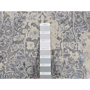 2'5"x10' Battleship Gray, Broken And Erased Persian Design, Pure Silk, Hand Knotted, Runner Oriental Rug FWR523440