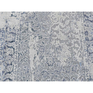 2'5"x10' Battleship Gray, Broken And Erased Persian Design, Pure Silk, Hand Knotted, Runner Oriental Rug FWR523440