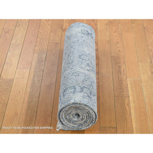 2'5"x10' Battleship Gray, Broken And Erased Persian Design, Pure Silk, Hand Knotted, Runner Oriental Rug FWR523440