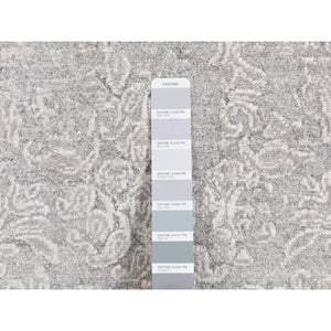 2'5"x7'9" Goose Gray, Hand Knotted, Damask Tone On Tone Design, Wool And Silk, Runner Oriental Rug FWR523464