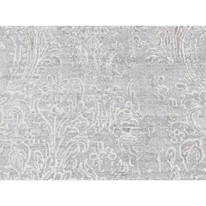 2'5"x7'9" Goose Gray, Hand Knotted, Damask Tone On Tone Design, Wool And Silk, Runner Oriental Rug FWR523464