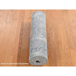 2'6"x9'10" Goose Gray, Broken And Erased Kashan Design, Textured Wool With Pure Silk, Hand Knotted, Runner Oriental Rug FWR523524
