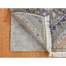Load image into Gallery viewer, 2&#39;6&quot;x10&#39; Storm Gray, Mughal Inspired Flower Design, Pure Silk With Textured Wool, Hand Knotted, Runner Oriental Rug FWR523536