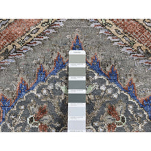 Load image into Gallery viewer, 2&#39;6&quot;x10&#39; Storm Gray, Mughal Inspired Flower Design, Pure Silk With Textured Wool, Hand Knotted, Runner Oriental Rug FWR523536