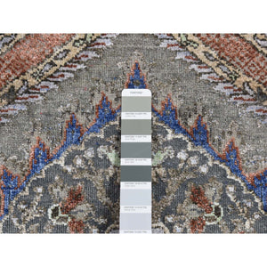 2'6"x10' Storm Gray, Mughal Inspired Flower Design, Pure Silk With Textured Wool, Hand Knotted, Runner Oriental Rug FWR523536