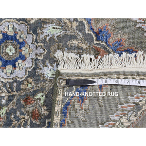 2'6"x10' Storm Gray, Mughal Inspired Flower Design, Pure Silk With Textured Wool, Hand Knotted, Runner Oriental Rug FWR523536