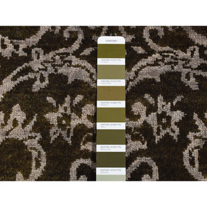 2'4"x9'8" Pullman Green, Abarasque Motif Tone On Tone Design, Wool And Silk, Handmade, Runner Oriental Rug FWR523566