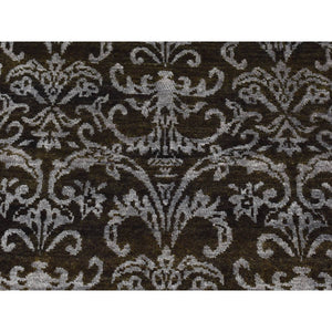2'4"x9'8" Pullman Green, Abarasque Motif Tone On Tone Design, Wool And Silk, Handmade, Runner Oriental Rug FWR523566