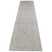 Load image into Gallery viewer, 2&#39;5&quot;x10&#39; Parchment White, Wool and Plant Based Silk, Fine Jacquard Hand Loomed with Erased Design, Runner Oriental Rug FWR523578