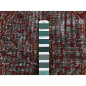 2'6"x9'10" Medium Jungle Green, Vintage Look Mamluk, Zero Pile, Shaved Low, Worn Wool, Hand Knotted, Runner Oriental Rug FWR523590
