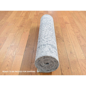 2'8"x10' Slate Gray, Broken And Erased Persian Design, Wool And Pure Real Silk, Hand Knotted, Runner Oriental Rug FWR523614