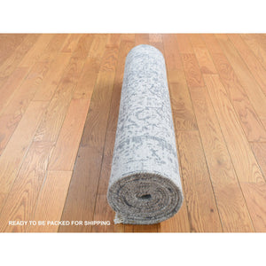 2'8"x10' Slate Gray, Wool And Pure Real Silk, Hand Knotted, Broken And Erased Persian Design, Runner Oriental Rug FWR523620