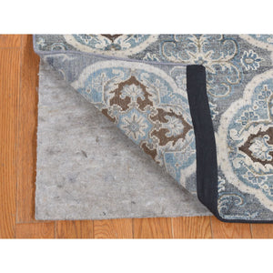 2'7"x9'10" Ash Gray, Mughal Inspired Rosette Design, Silk With Textured Wool, Hand Knotted, Runner Oriental Rug FWR523656