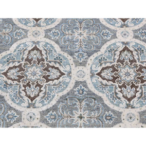 2'7"x9'10" Ash Gray, Mughal Inspired Rosette Design, Silk With Textured Wool, Hand Knotted, Runner Oriental Rug FWR523656