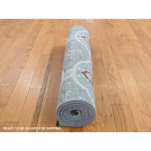 2'7"x9'10" Ash Gray, Mughal Inspired Rosette Design, Silk With Textured Wool, Hand Knotted, Runner Oriental Rug FWR523656