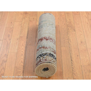 2'6"x9'10" Battleship Gray, Broken And Erased Tulip Design, Silk With Textured Wool, Hand Knotted, Runner Oriental Rug FWR523698