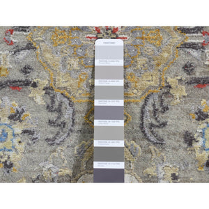 2'6"x10' Medium Gray, The Sunset Rosettes, Pure Silk And Wool, Hand Knotted, Runner Oriental Rug FWR523710