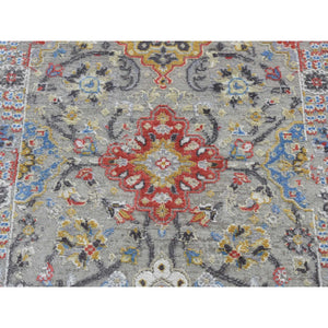 2'6"x10' Medium Gray, The Sunset Rosettes, Pure Silk And Wool, Hand Knotted, Runner Oriental Rug FWR523710