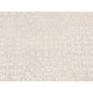 2'6"x8'3" Ivory, Tone On Tone, Pure Silk With Textured Wool,  Hand Knotted, Runner Oriental Rug FWR523740