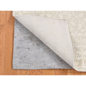 2'6"x8'3" Bone Ivory, Vine Design, Hand Knotted, Tone on Tone, Pure Silk with Textured Wool, Runner Oriental Rug FWR523764