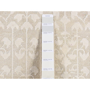 2'6"x8'3" Bone Ivory, Vine Design, Hand Knotted, Tone on Tone, Pure Silk with Textured Wool, Runner Oriental Rug FWR523764